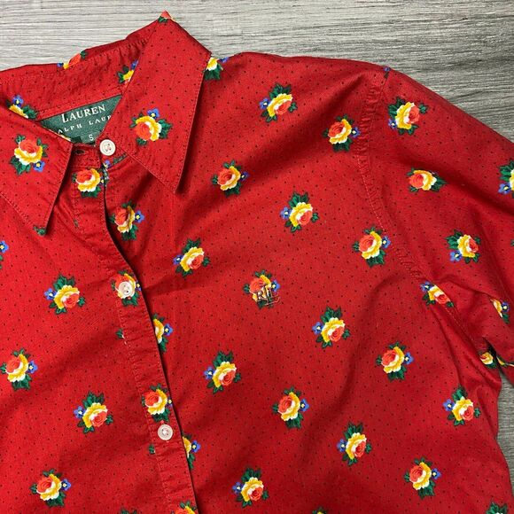 LAUREN RALPH LAUREN | sz S Women's Vintage Red Floral/Micro Dot Button Down Top - Picture 2 of 5